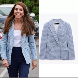 Zara Houndstooth Double-Breasted Blazer Jacket in Blue ASO Princess Kate Sz XL